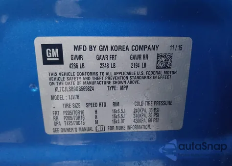 2016 Chevrolet Trax Lt из США, поврежденный, VIN KL7CJLSB9GB569824